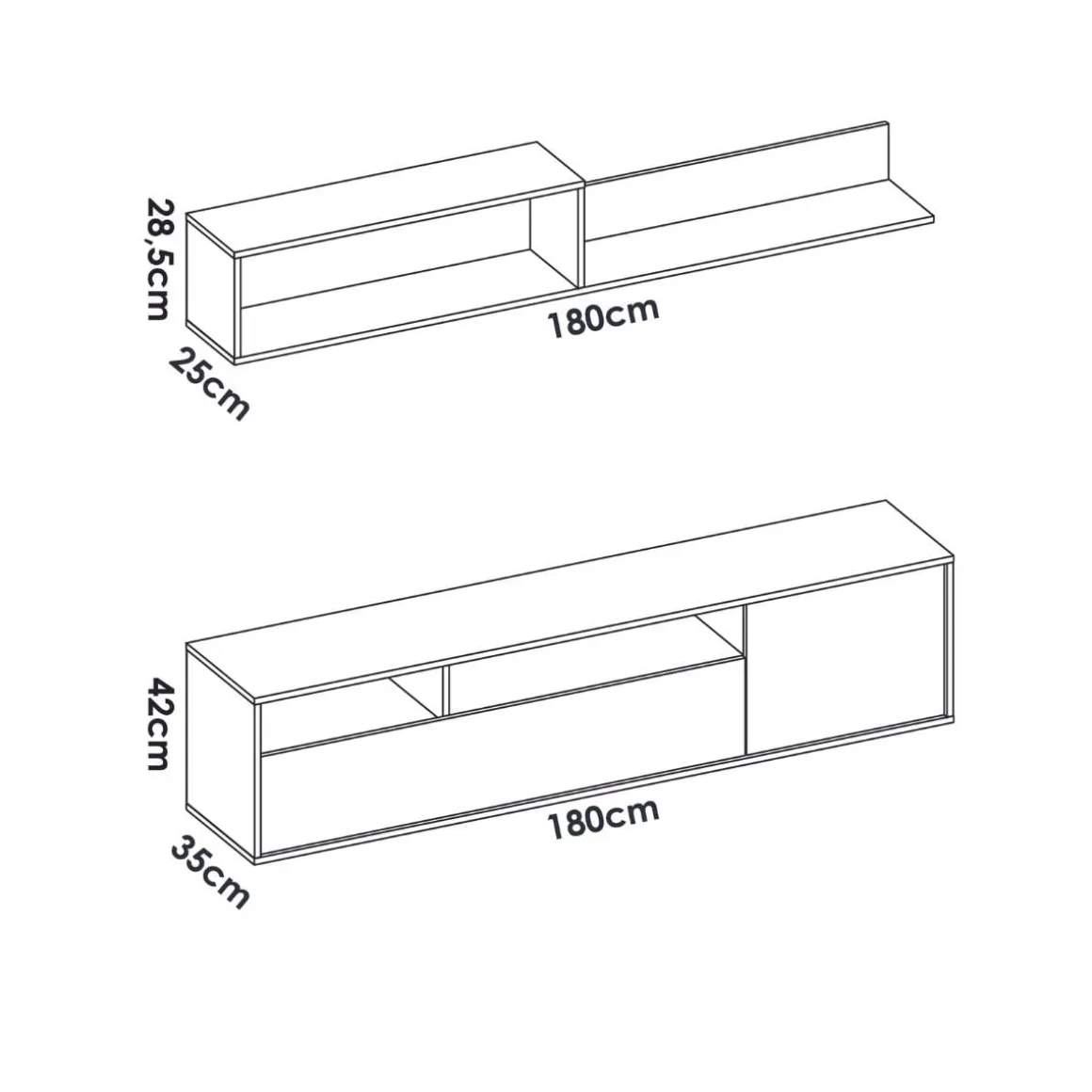 Composición de salón Bay mueble bajo + módulo superior blanco/natural 180 cm