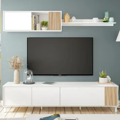 Composición de salón Ethna mueble bajo TV con módulo superior blanco Artik/natural