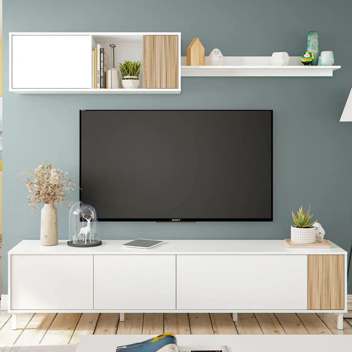Composición de salón Ethna mueble bajo TV con módulo superior blanco Artik/natural