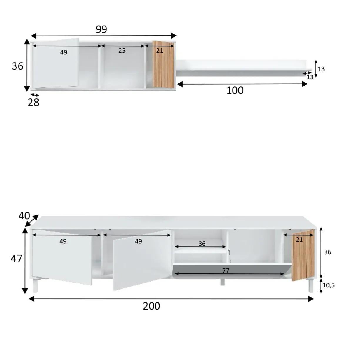 Composición de salón Ethna mueble bajo TV con módulo superior blanco Artik/natural