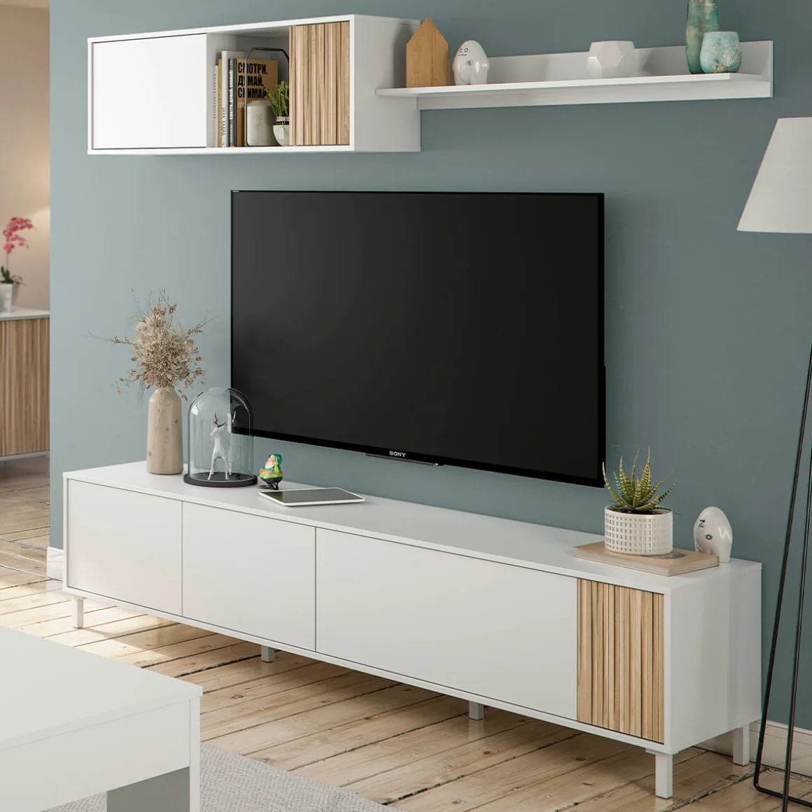 Composición de salón Ethna mueble bajo TV con módulo superior blanco Artik/natural
