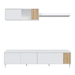 Composición de salón Ethna mueble bajo TV con módulo superior blanco Artik/natural