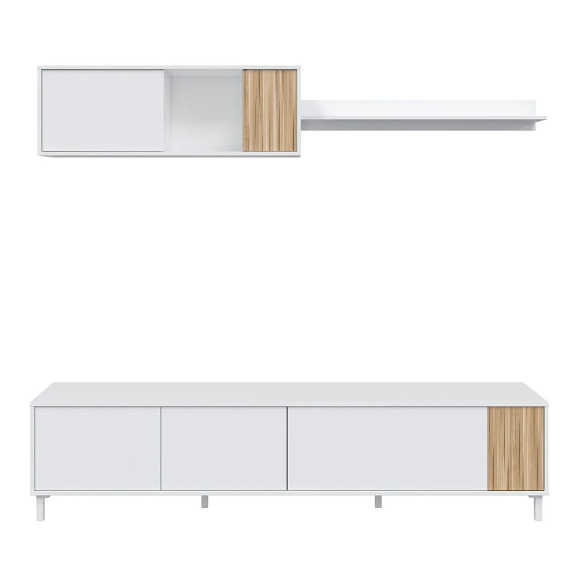 Composición de salón Ethna mueble bajo TV con módulo superior blanco Artik/natural