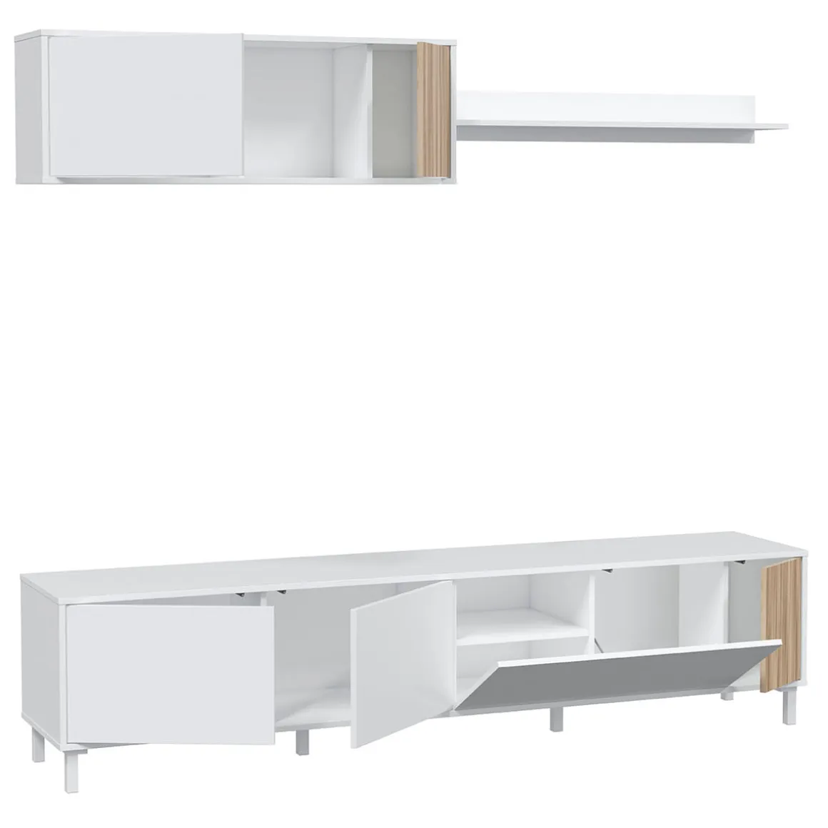 Composición de salón Ethna mueble bajo TV con módulo superior blanco Artik/natural