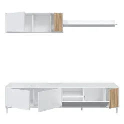 Composición de salón Ethna mueble bajo TV con módulo superior blanco Artik/natural