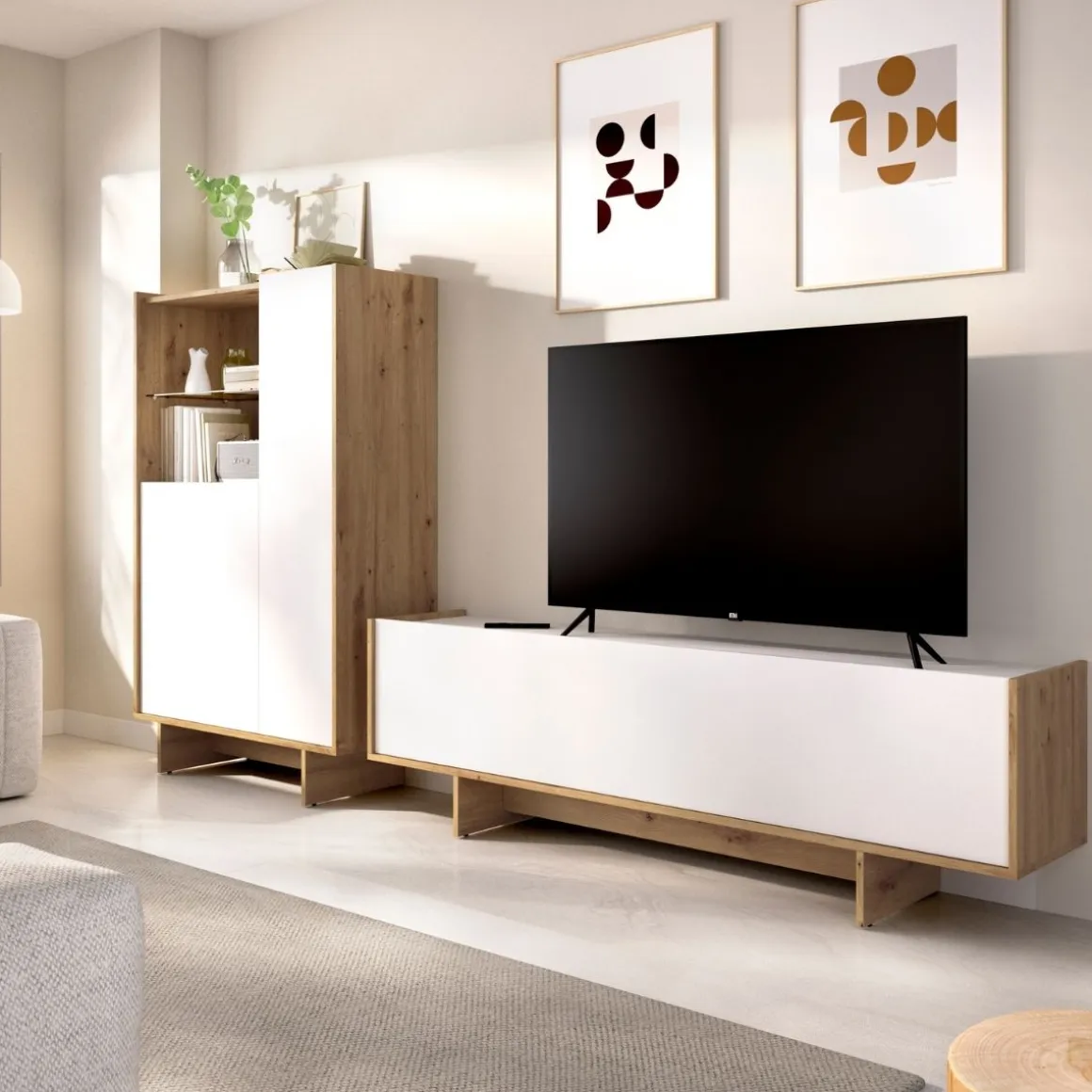 Composición de salón Ka mueble de TV y aparador blanco/natural