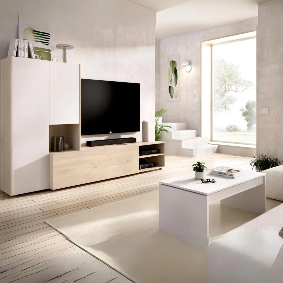Composición de salón Kei mueble bajo + módulo lateral blanco/natural 227 cm