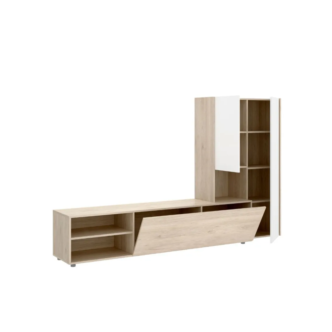 Composición de salón Kei mueble bajo + módulo lateral blanco/natural 227 cm