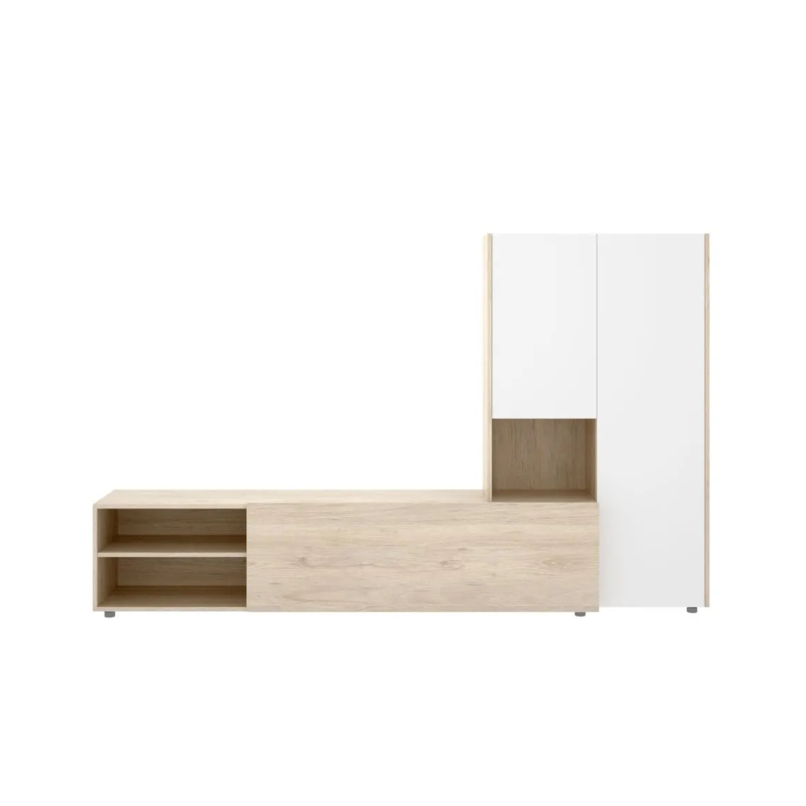 Composición de salón Kei mueble bajo + módulo lateral blanco/natural 227 cm
