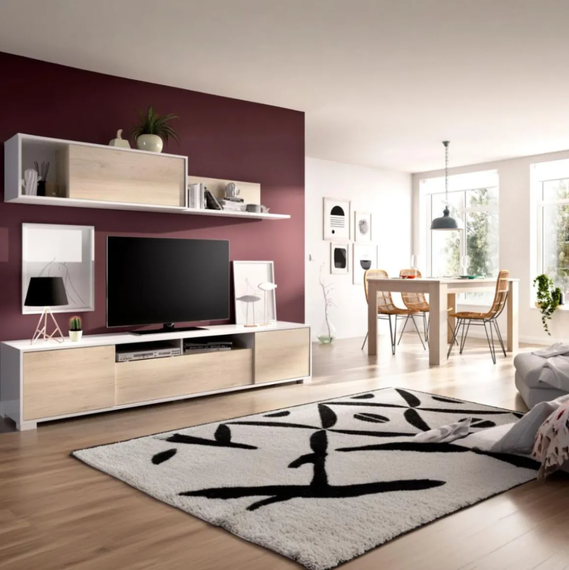 Composición de salón Ken con módulo alto y mueble de TV blanco/natural