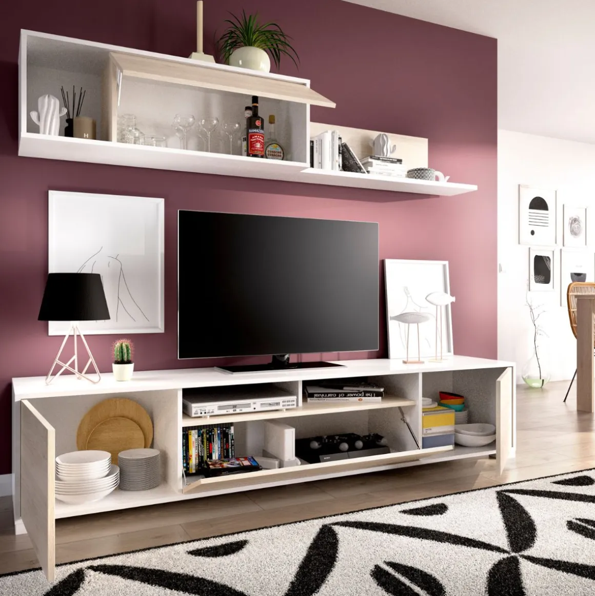 Composición de salón Ken con módulo alto y mueble de TV blanco/natural