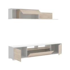 Composición de salón Ken con módulo alto y mueble de TV blanco/natural
