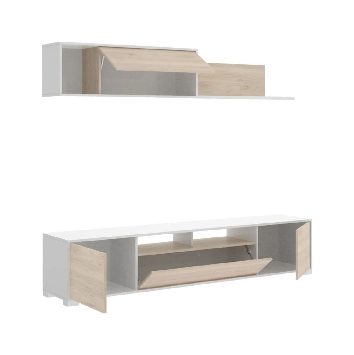 Composición de salón Ken con módulo alto y mueble de TV blanco/natural