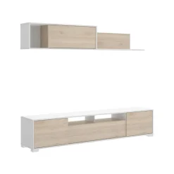 Composición de salón Ken con módulo alto y mueble de TV blanco/natural