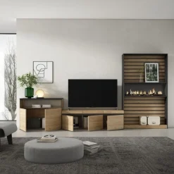 Composición de salón Kroma con chimenea a la derecha natural/negro 185,9x363,9x34,6 cm