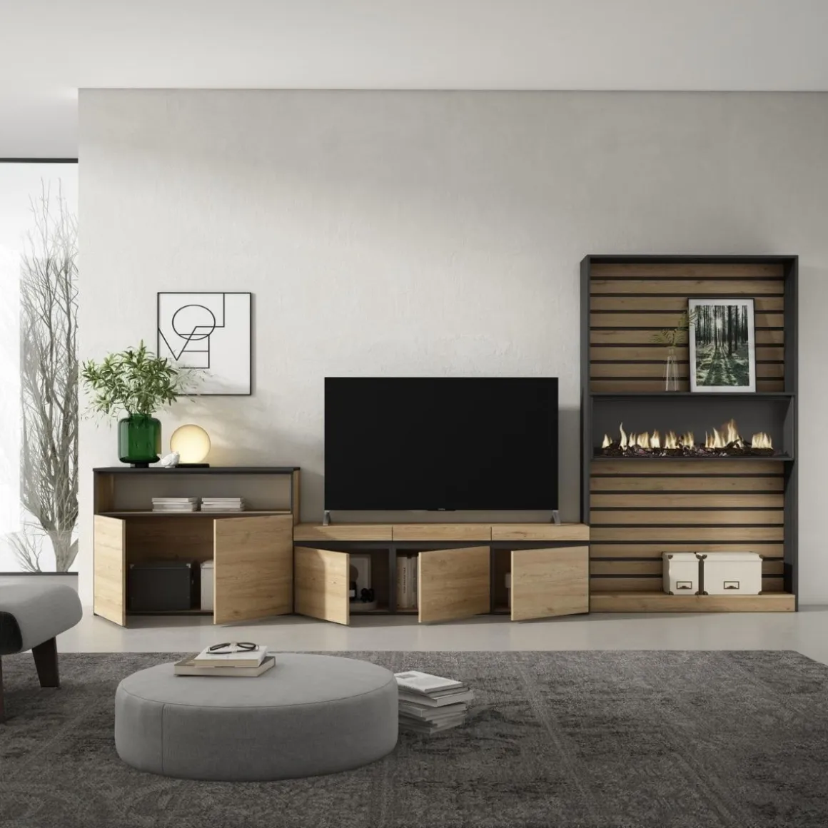 Composición de salón Kroma con chimenea a la derecha natural/negro 185,9x363,9x34,6 cm