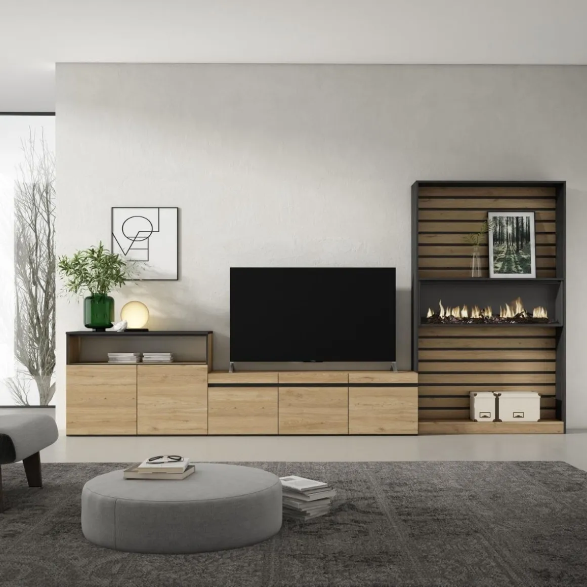 Composición de salón Kroma con chimenea a la derecha natural/negro 185,9x363,9x34,6 cm