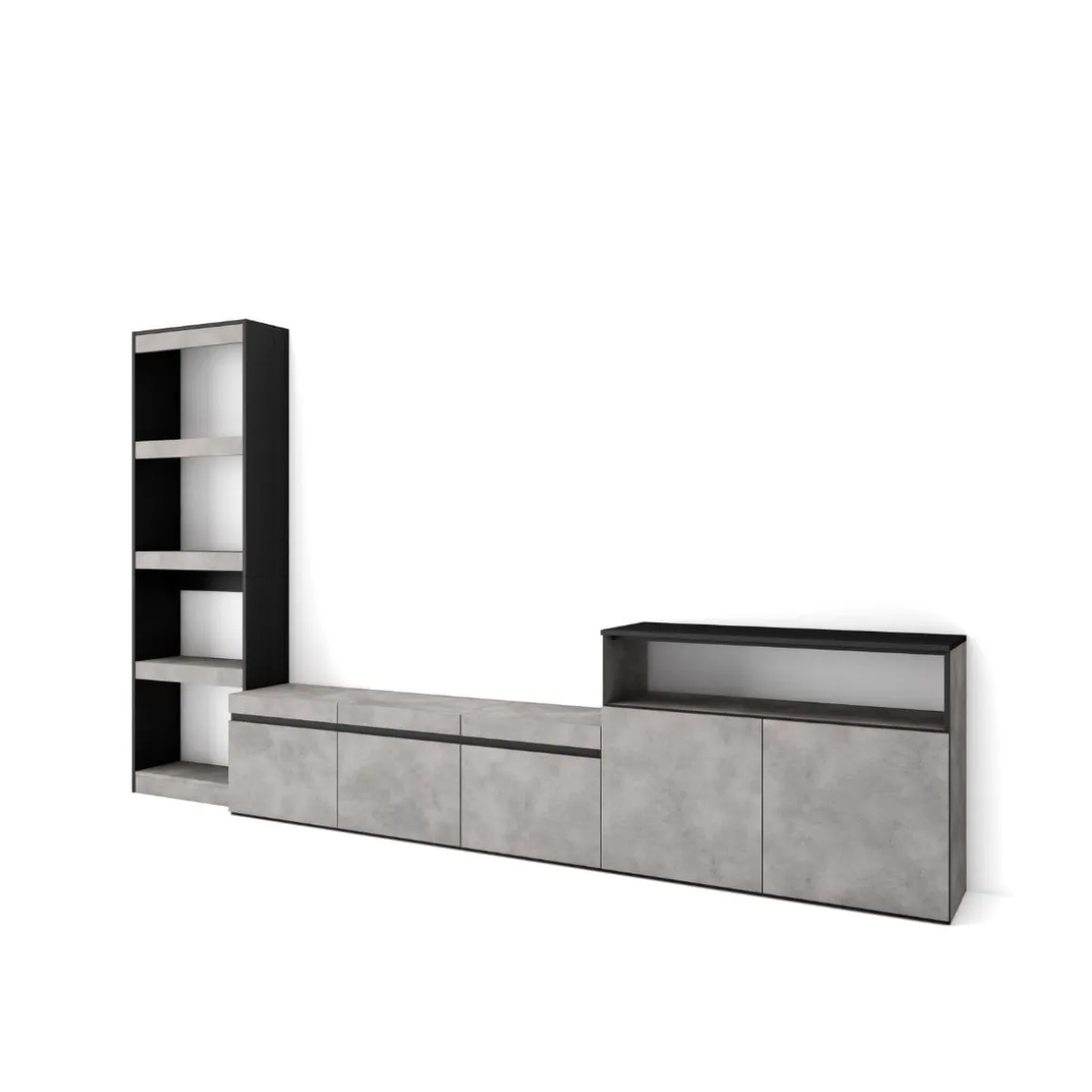 Composición de salón Kroma con estantería lateral izquierda 185,9x313,5x34,6 cm