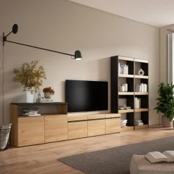 Composición de salón Kroma con estantería a la derecha natural/negro 185,9x373,5x34,6 cm