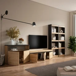 Composición de salón Kroma con estantería a la derecha natural/negro 185,9x373,5x34,6 cm