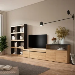 Composición de salón Kroma con estantería a la izquierda natural/negro 185,9x373,5x34,6 cm