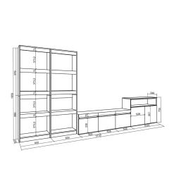 Composición de salón Kroma con estantería a la izquierda natural/negro 185,9x373,5x34,6 cm