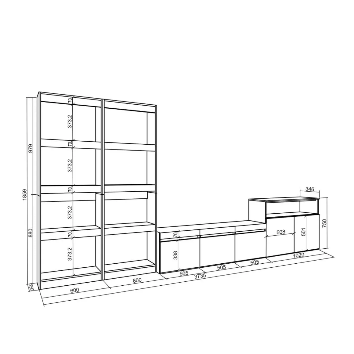 Composición de salón Kroma con estantería a la izquierda natural/negro 185,9x373,5x34,6 cm