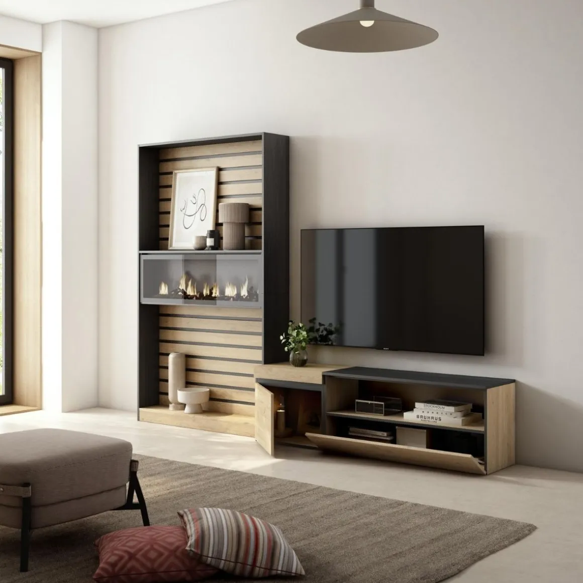 Composición de salón Kroma mueble de TV con chimenea izquierda natural/negro 185,9x262,9x34,6 cm