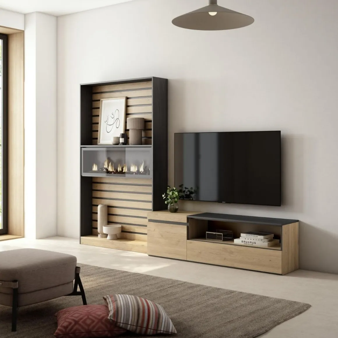 Composición de salón Kroma mueble de TV con chimenea izquierda natural/negro 185,9x262,9x34,6 cm