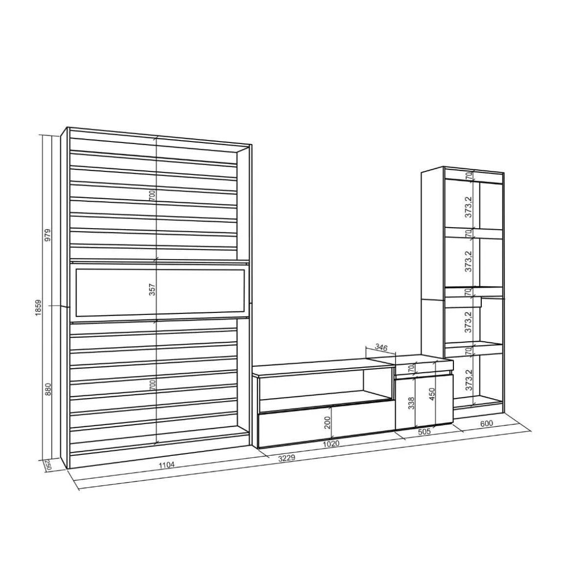 Composición de salón Kroma 3 piezas natural/negro 185,9x322,9x34,6 cm