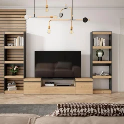 Composición de salón Kroma 2 estanterías y mueble de TV natural/negro 185,9x323x25 cm