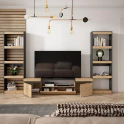 Composición de salón Kroma 2 estanterías y mueble de TV natural/negro 185,9x323x25 cm