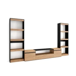 Composición de salón Kroma 2 estanterías y mueble de TV natural/negro 185,9x323x25 cm