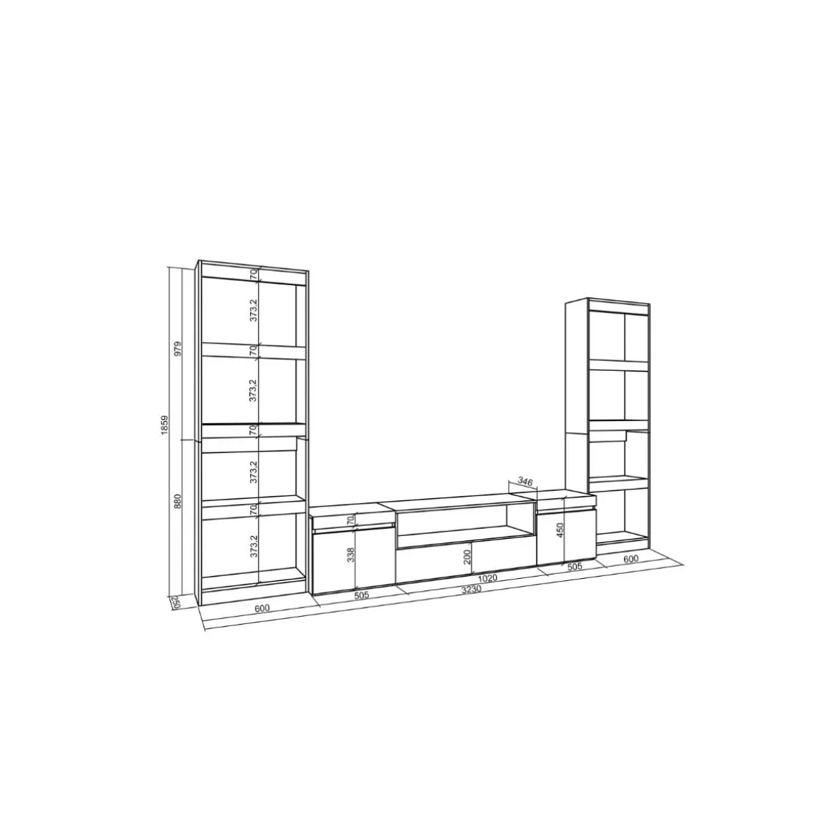 Composición de salón Kroma 2 estanterías y mueble de TV natural/negro 185,9x323x25 cm