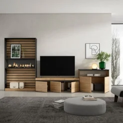 Composición de salón Kroma con chimenea a la izquierda natural/negro 185,9x363,9x34,6 cm