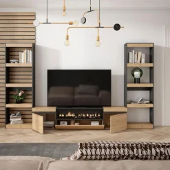 Composición de salón Kroma 2 estanterías y chimenea central natural/negro 185,9x323x34,6 cm