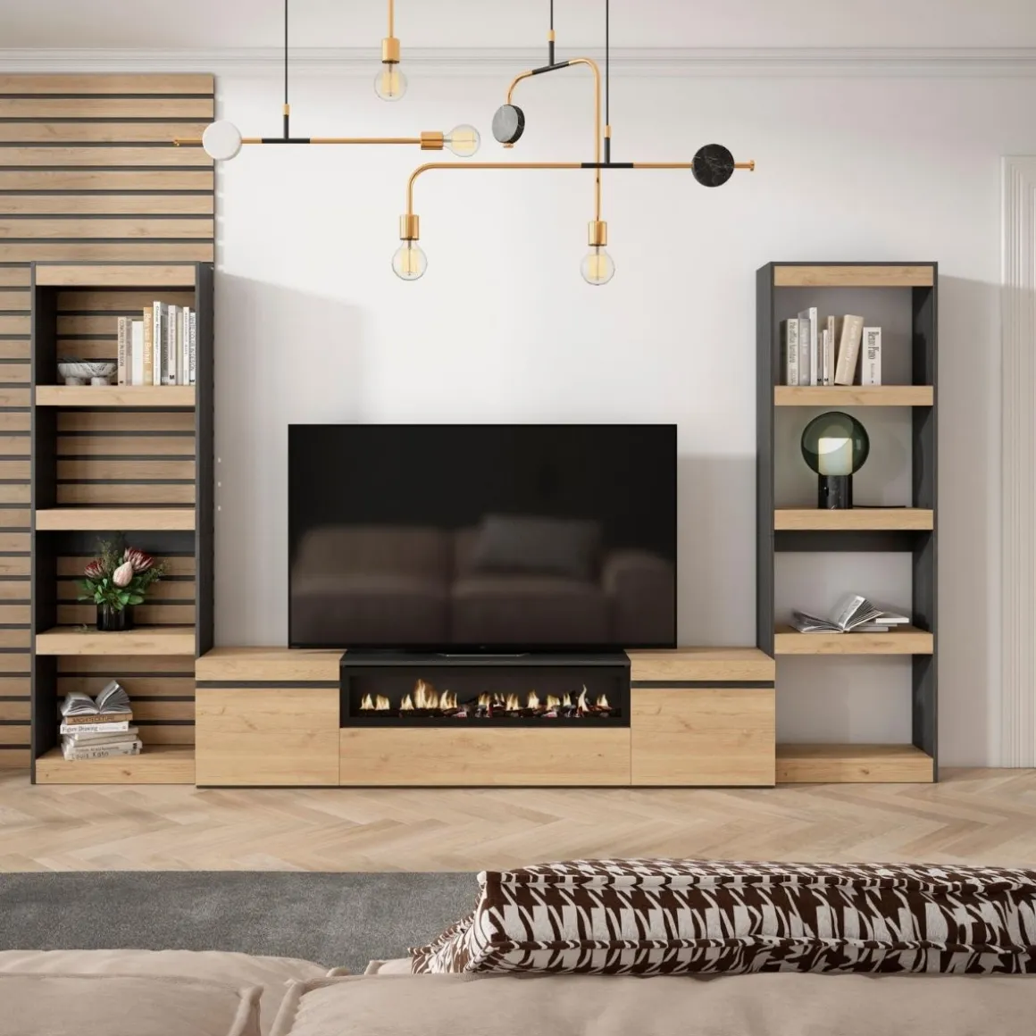 Composición de salón Kroma 2 estanterías y chimenea central natural/negro 185,9x323x34,6 cm