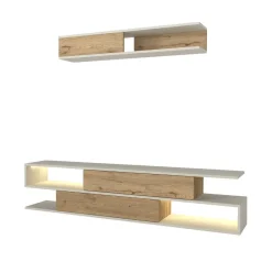 Composición de salón Manyetik mueble de TV + estante de pared blanco/natural