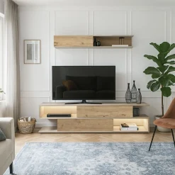 Composición de salón Manyetik mueble de TV + estante de pared blanco/natural