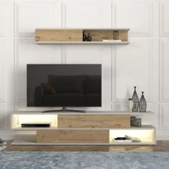 Composición de salón Manyetik mueble de TV + estante de pared blanco/natural