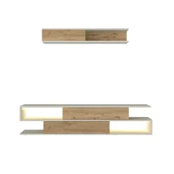 Composición de salón Manyetik mueble de TV + estante de pared blanco/natural