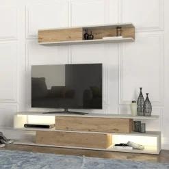 Composición de salón Manyetik mueble de TV + estante de pared blanco/natural