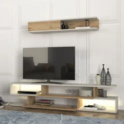 Composición de salón Manyetik mueble de TV + estante de pared blanco/natural