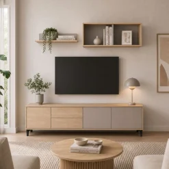Composición de salón Myra mueble de TV y módulo superior blanco/gris 200 cm