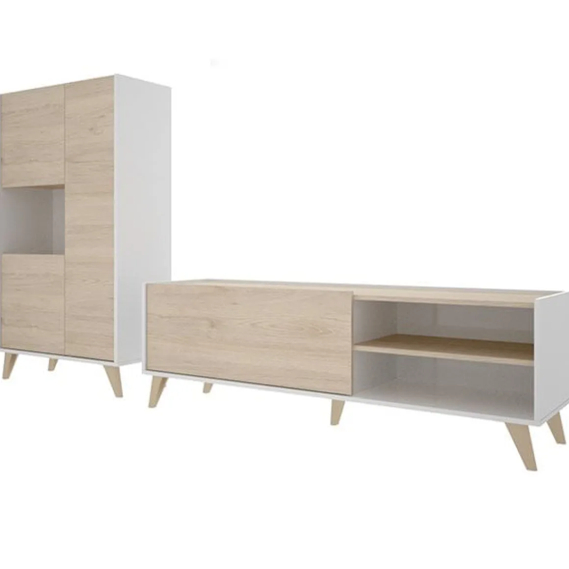 Composición de salón Ness mueble de TV con vitrina blanco/natural