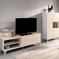 Composición de salón Ness mueble de TV con vitrina blanco/natural