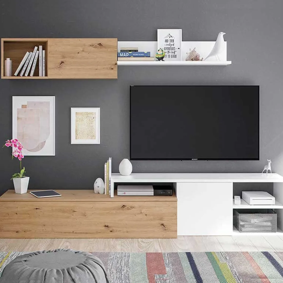 Composición de salón Nexo Plus mueble TV+módulo flotante roble nodi/blanco artik