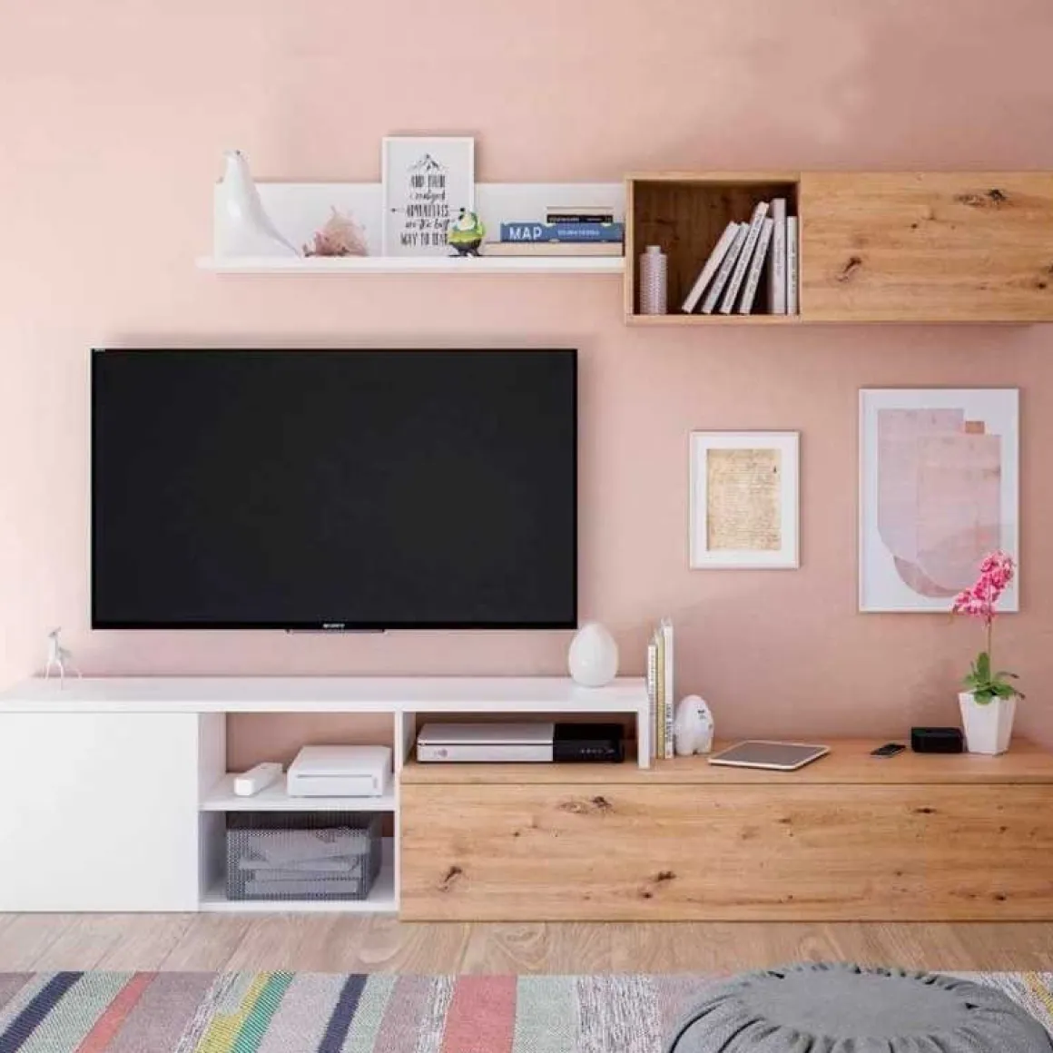 Composición de salón Nexo Plus mueble TV+módulo flotante roble nodi/blanco artik