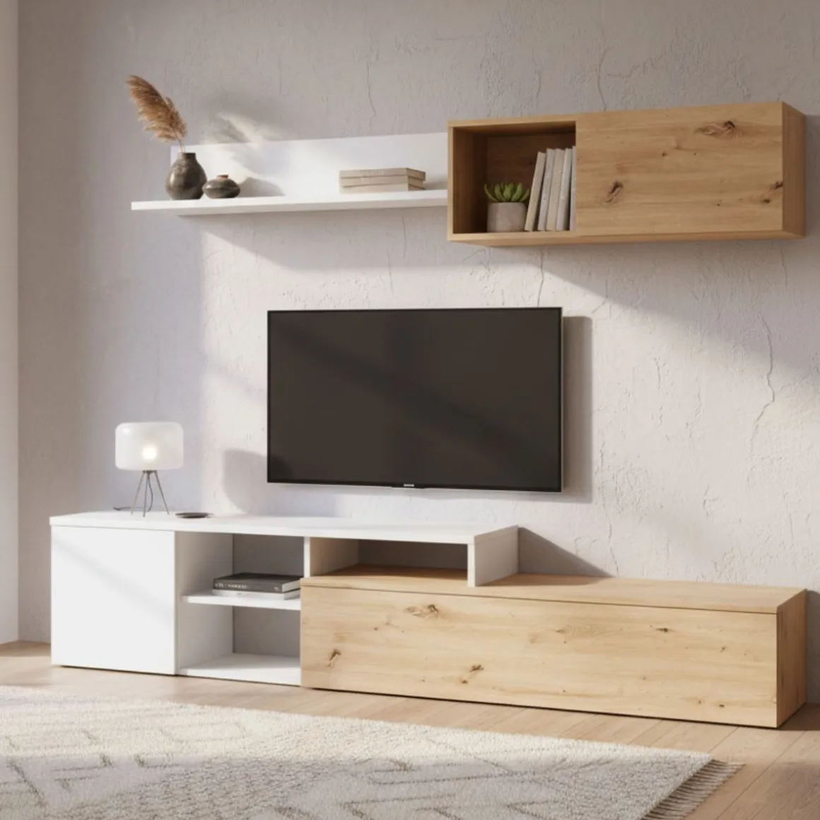 Composición de salón Nexo Plus mueble TV+módulo flotante roble nodi/blanco artik