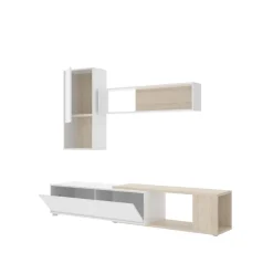Composición de salón Obi módulo superior con vitrina y mueble de TV blanco/natural